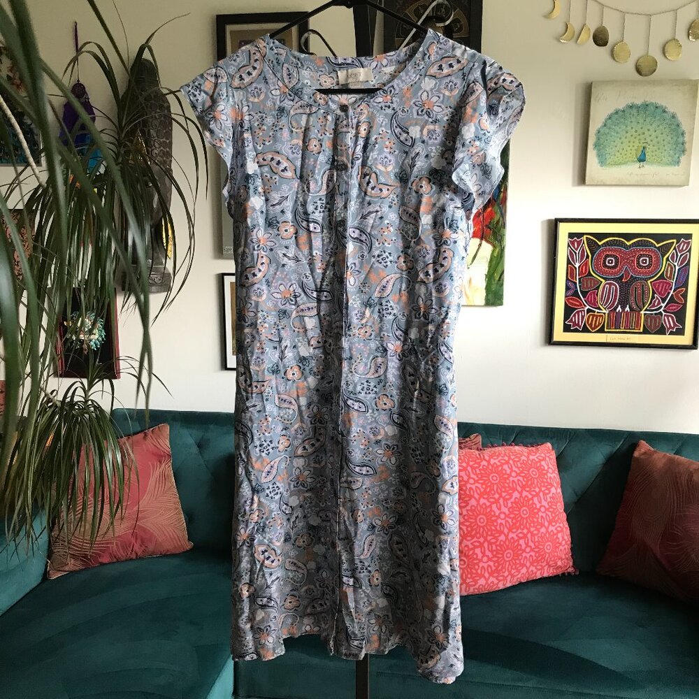 LOFT size 12 Blue Lavender & Coral Paisley print Button Front Shirt Dress Belt